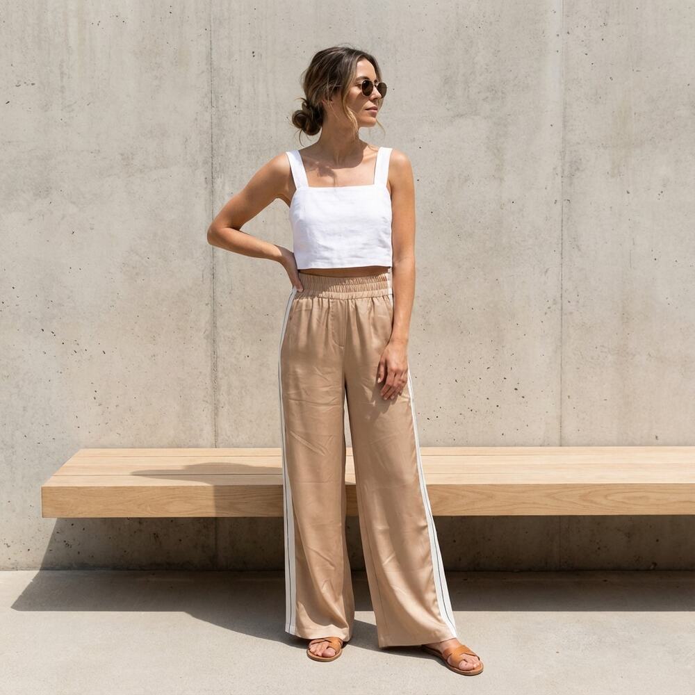 Alysi Tan Satin Striped High-rise Wide Leg Pants